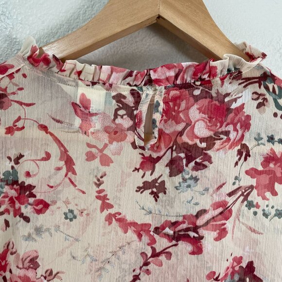 Sundance Womens Large Sheer Floral Peplum Top Ruffle Detail Long Sleeve Blouse - Picture 9 of 12